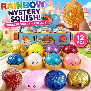 12pcs Stress Relief Glitter Gold Powder Pop Bubbles, Cute Emoji Bun Pressure Ball, Soft Toy with Box, Plush Touch Squeeze Toy for Relaxation