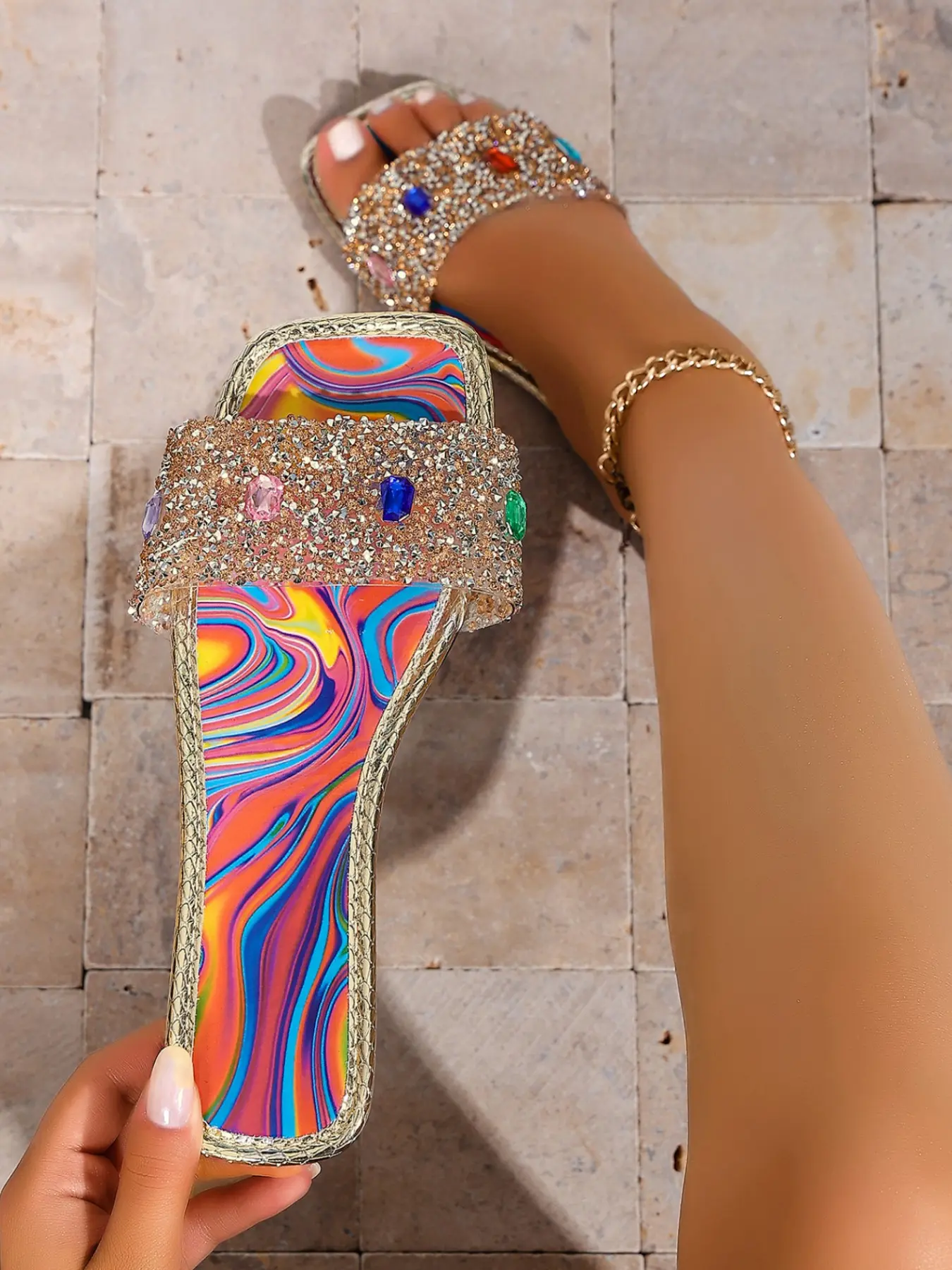 Trendy Ladies Bling Crystal Gem Embellished Single Band Slides, Swirl Rainbow Marbled Pattern Footbed Metallic Woven Edge Flat Open Toe Beach Walking Sandals
