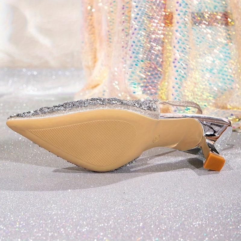 (New)Sexy Rhinestone High Heels - Single Shoes, European And American Pointed Shallow Mouth Sequins Slimming One-word Strap Sandals, Thin Heel Banquet Shoes