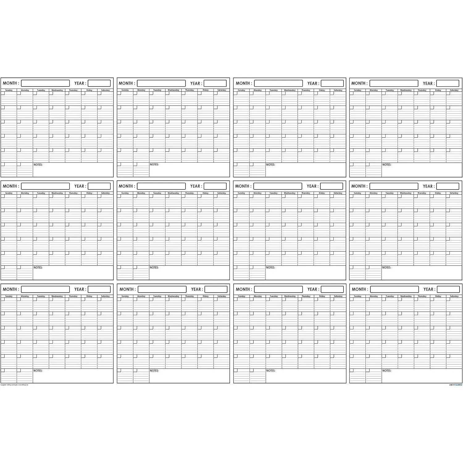 36x48 Inch Large Erasable Laminated Blank Yearly Wall Calendar Poster, 12 Months Reusable Calendar for Office, Academic, Home