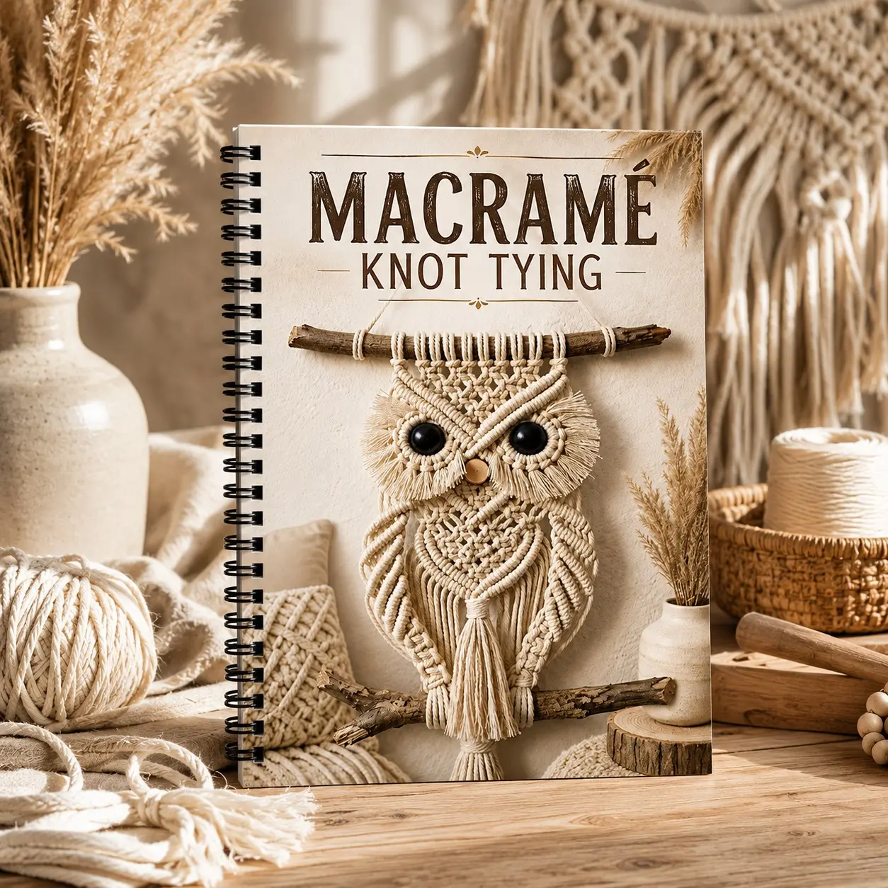 Macramé Knot Tying Guide, A5 Spiral Binding, 20 Basic Knots Tutorial, Owl Wall Hanging DIY Book, Handmade Rope Crafting Manual