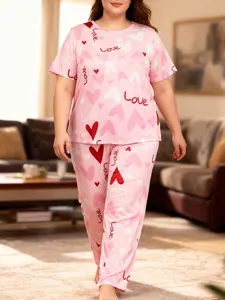 Women's Plus Size 2-Piece Pajama Set, Loose-Fitting Short Sleeve Long Pants, All over Print, Casual Home Wear, All Seasons
