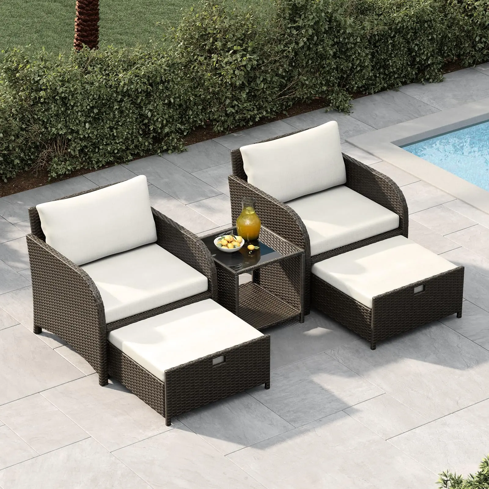 5-Piece Outdoor Rattan Wicker Conversation Sofa Set with Tempered Glass Table & Hidden Ottomans, Comfortable Cushioned Patio Furniture for Garden, Balcony & Backyard