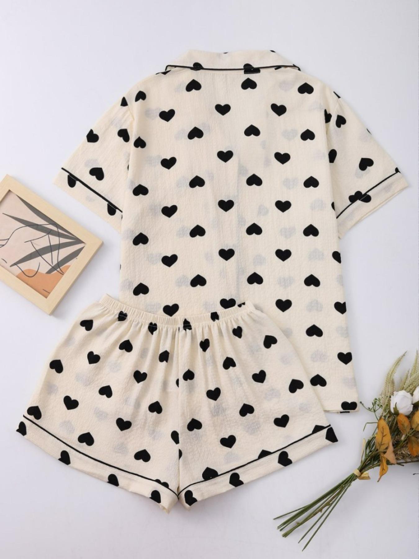 Women's Heart Print Lapel Neck Top & Elastic Waist Shorts Pyjama Two-piece Set, Casual Comfy Short Sleeve Top & Shorts PJ Set, Ladies Sleepwear Loungewear for All Seasons