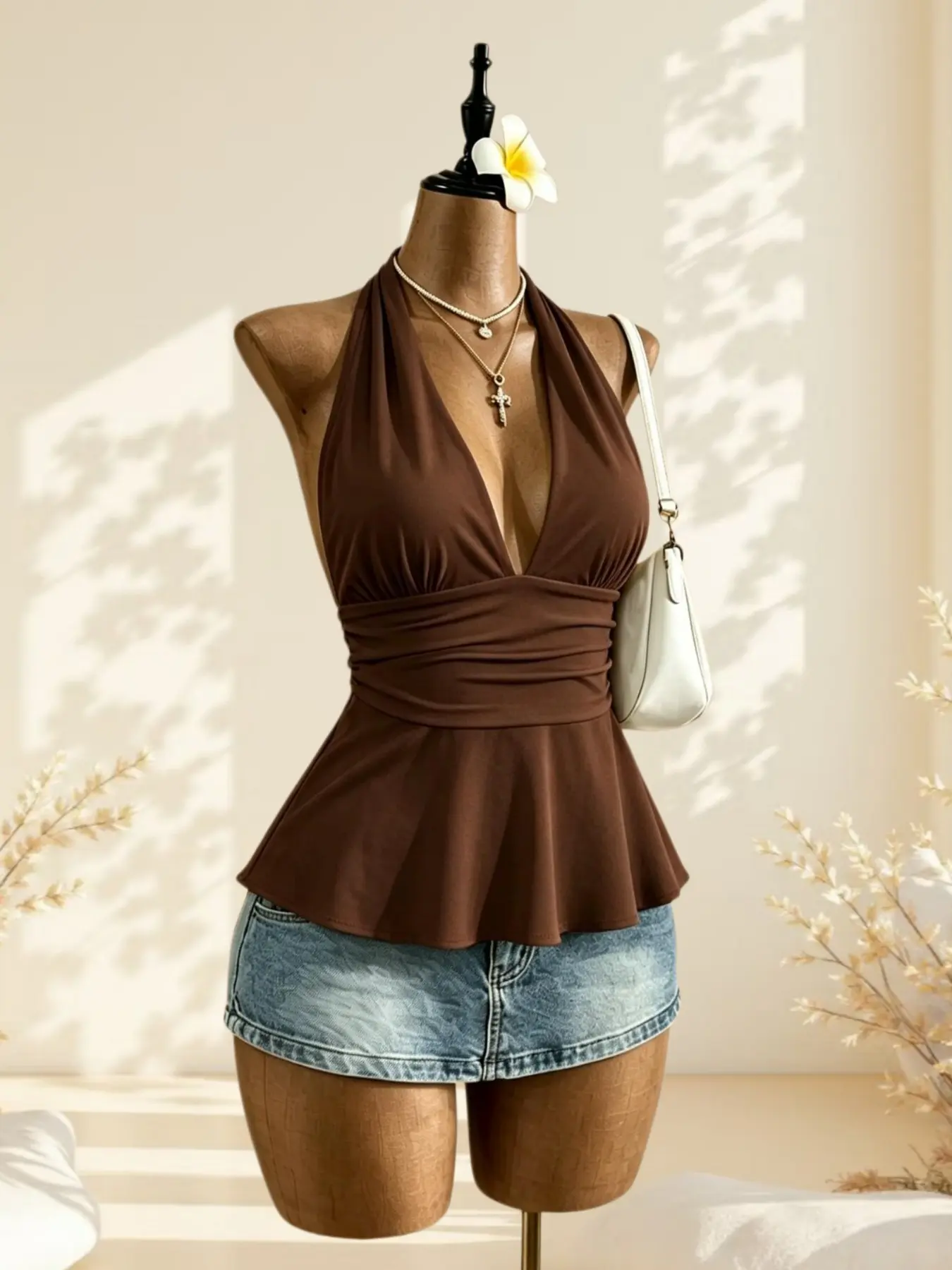 Vintage Sweetheart Halter Top, Deep V Neck Slim Fit, Plain Color, Ruffled Hem, Casual Daily Wear, Single Piece