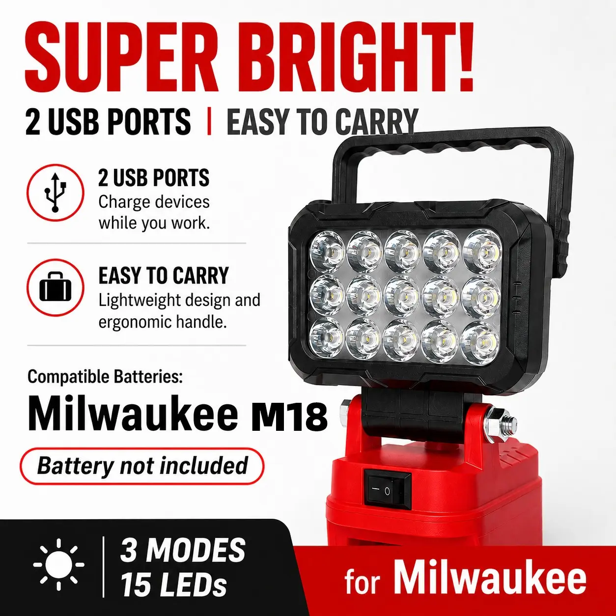 Wireless LED Work Light for Milwaukee 18v Battery, 12w Wide Beam Flood Light Flashlight, Dual USB Charging Ports, Ideal for Emergency, Workshop, Garage, Flashlight Floodlight