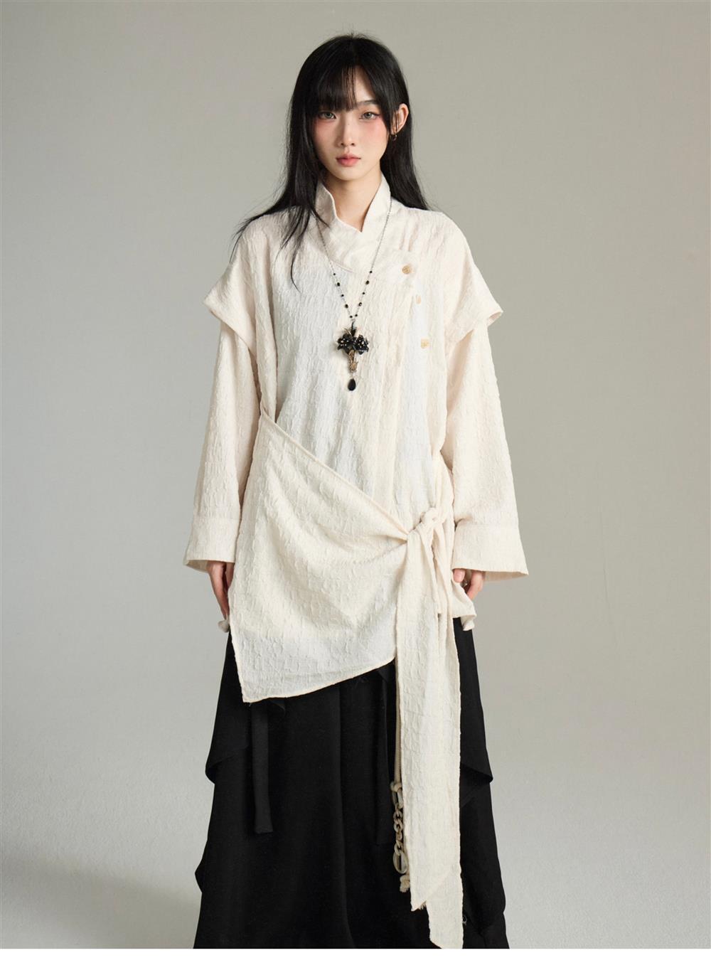 UMI MAO Irregular Lace Up Design Chinese Style Stand Up Collar Shirt Men Women Long Sleeved Shirt Fake Two-piece Top Y2K