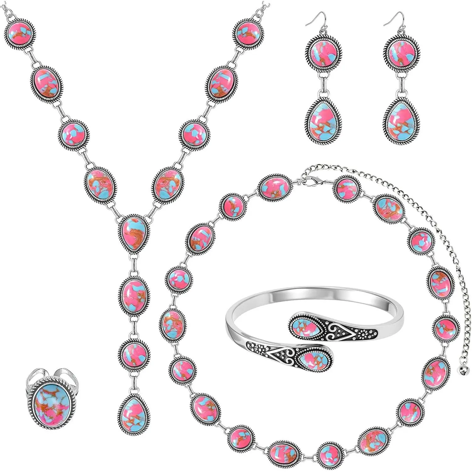 6 Pieces Western Turquoise Jewelry Set for Women Beach Jewels Turquoise Necklace Bracelet Ring Belt Chain Earrings Silver Bohemian Jewelry Set for Women