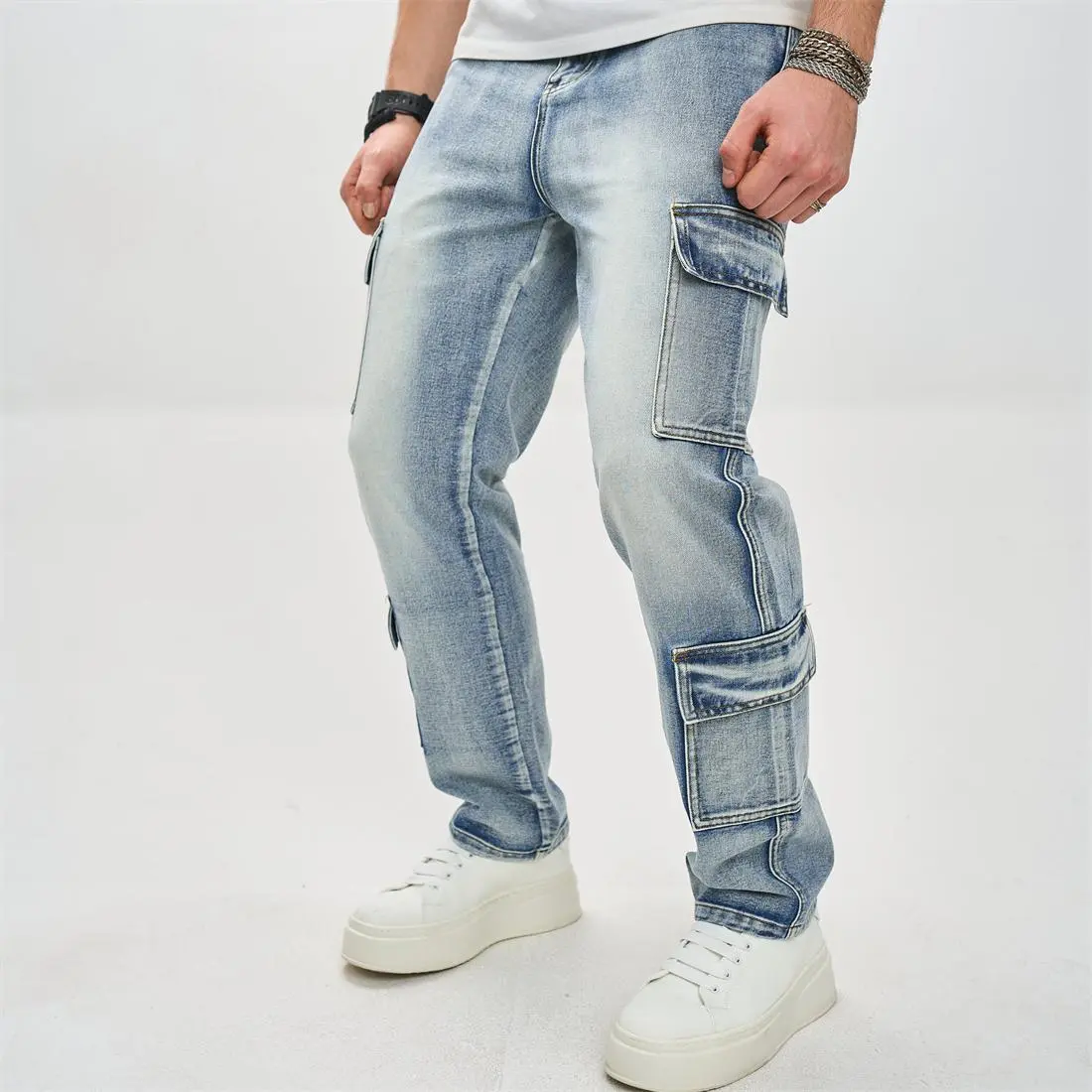 Menswear Plain Casual Relaxed Fit Multiple-Pocket Cotton Carpenter Cargo Jeans - Stylish Loose Straight Denim Trousers for Men (Summer), Relaxed Fit Jeans, Asia Sizing, Loose-Fit
