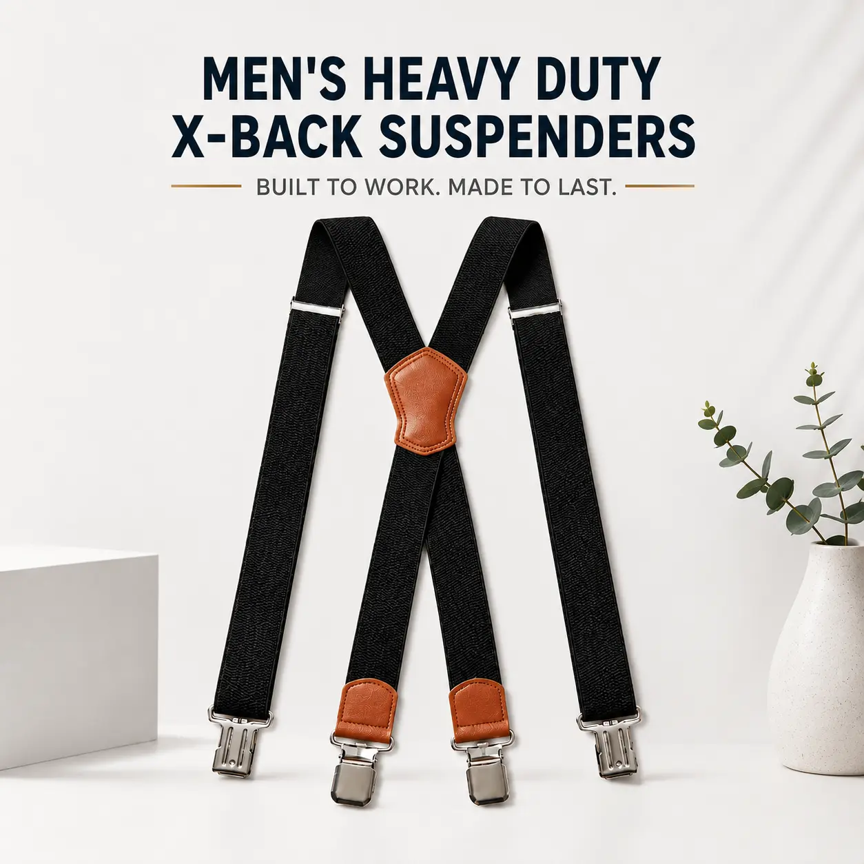 Men's Heavy Duty Work Suspenders, X-Back Adjustable Elastic Suspenders with Reinforced Metal Clips, 1.48 Inch Wide Straps for Jeans and Pants