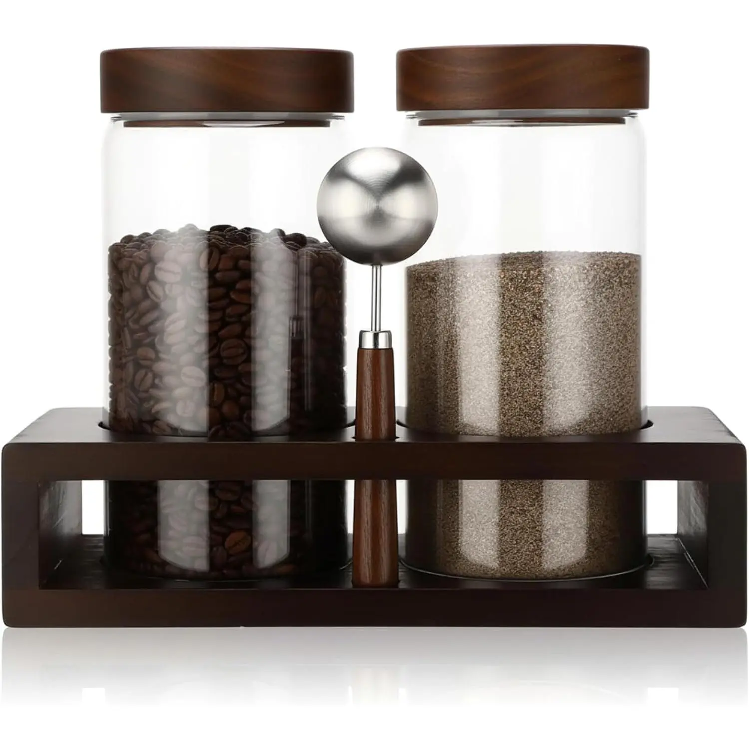 Rustic Wooden Cylindrical Coffee Storage Container Set - 2 x 44oz Airtight Lid Canisters, Stainless Steel Measuring Spoon, Shelf-Included Kitchen Preserving Utensils for Coffee Grounds, Beans, Sugar (Plain Style)