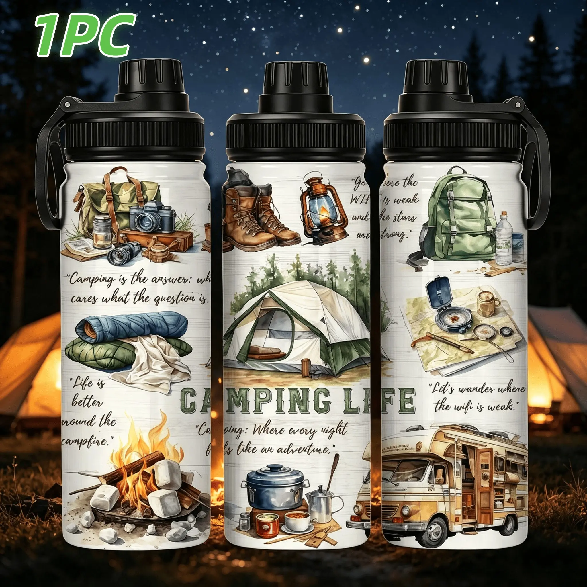 1PC 32oz Camping Life Insulated Water Bottle | Vintage Outdoor Adventure Print Stainless Steel Tumbler, Leakproof Travel Flask for Campers Hikers RV Lovers Gift