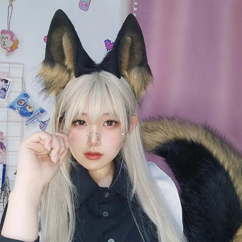 Cosplay Wolf Dog Ears HairBand Ears Beast Tail Dress Up Party Headdress Black-backed Wolf Ears Headband Dog Tail Accessories Set