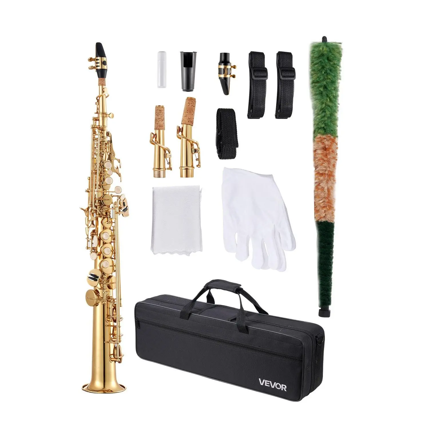 VEVOR Straight Soprano Saxophone, B Flat, Brass Saxophone Beginner Kit with Carrying Case, Mouthpiece, Cleaning Cloth Rod, Gloves, Neck Strap, 23 Keys Soprano Sax Kit, for Beginners Students, Gold