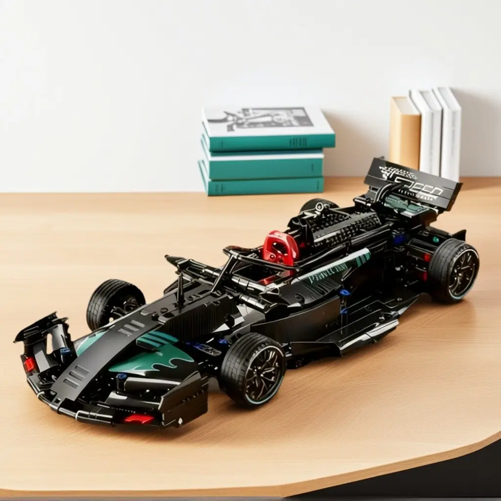 Formula Racing Car Building Kit, Professional Race Style, Large Rear Wing, Blue Trim Wheels, Seat, Kids Assembly Toy, Building Blocks Set