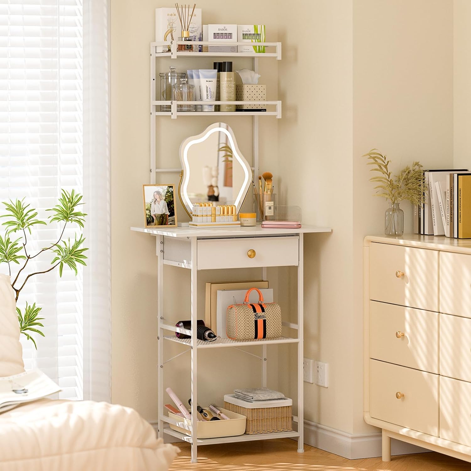 Small Vanity Desk Without Mirror, Makeup Vanity Table for Small Space, Compact White Dressing Table with Fabric Drawers, Makeup Vanity with Storage for Bedroom, White, 23.6inW