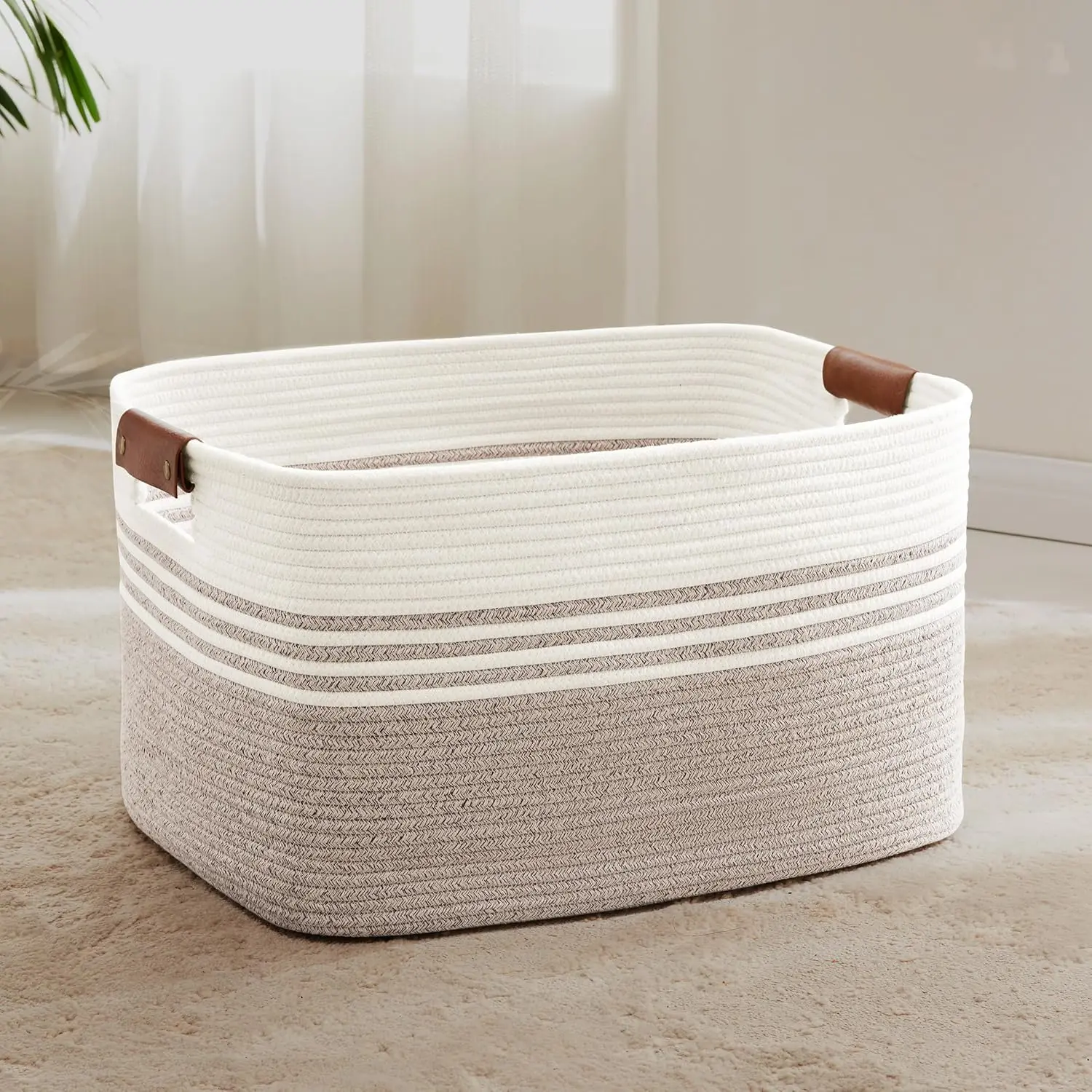 72L Portable Woven Rope Laundry Basket with Leather Handles - White Brown Wicker Hamper (22"x17"x12") for Living Room, Bedroom Storage of Dirty Clothes, Blankets, Kids' Toys