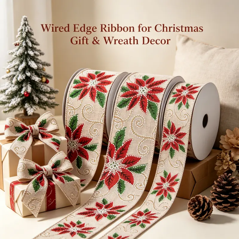 2.5 Inch Christmas Poinsettia Wired Ribbon - 10Y Single Roll Burlap Textured Base Fabric, for Christmas Tree Ornaments, Room Decor, Gift Wrapping, Farmhouse Winter Crafts & Holiday Decor, Bouquet Ties