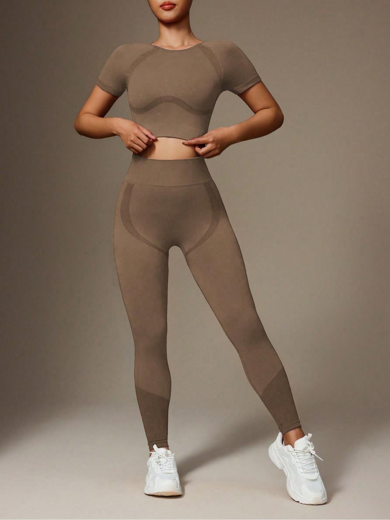 Women's Solid Crop Top & Pants Sports Set, Sporty Casual Breathable Comfortable Outfits for Yoga Gym Workout Running, Ladies Sportswear for All Seasons, Yoga Clothes Set