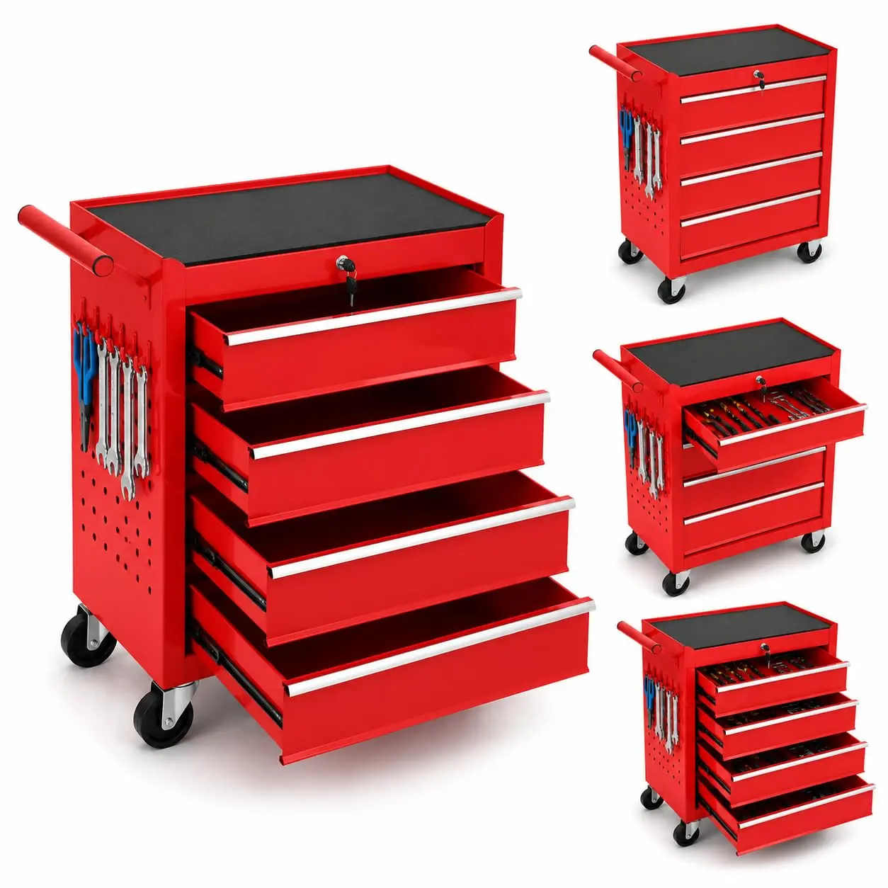 Heavy Duty Steel 4-Drawer Locking Mobile Tool Cabinet - Mechanics Tool Cart with Ball Bearing Drawers, Pegboard Side, Swivel Wheels for Garage Auto Repair