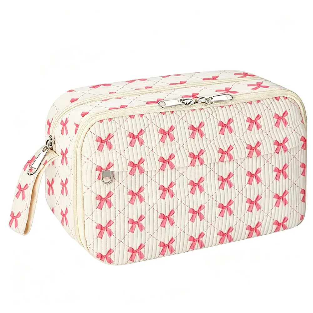 Quilted Coquette Bow Cosmetic Bag, Cute Pink Ribbon Makeup Pouch Large Capacity, Toiletry Travel Organizer for Women Girls, Aesthetic Aesthetic Floral Pencil Case, Zipper Waterproof Canvas Storage Bag