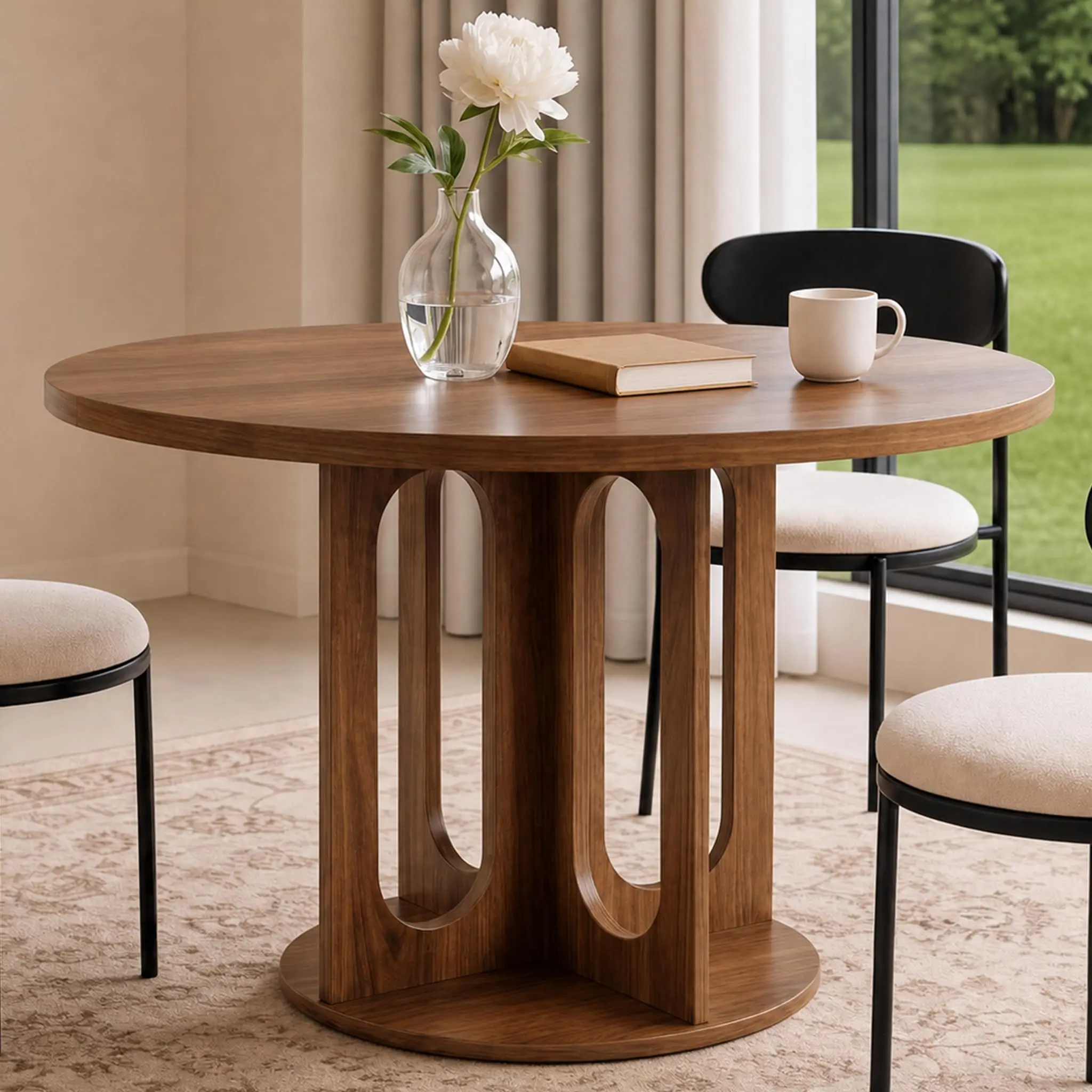 47 in Sturdy Round Dining Table - Easy Setup Cross Pedestal Base Wooden Piece, Seats 4-6, Ideal for Small Spaces, Kitchen Use (Only Table)