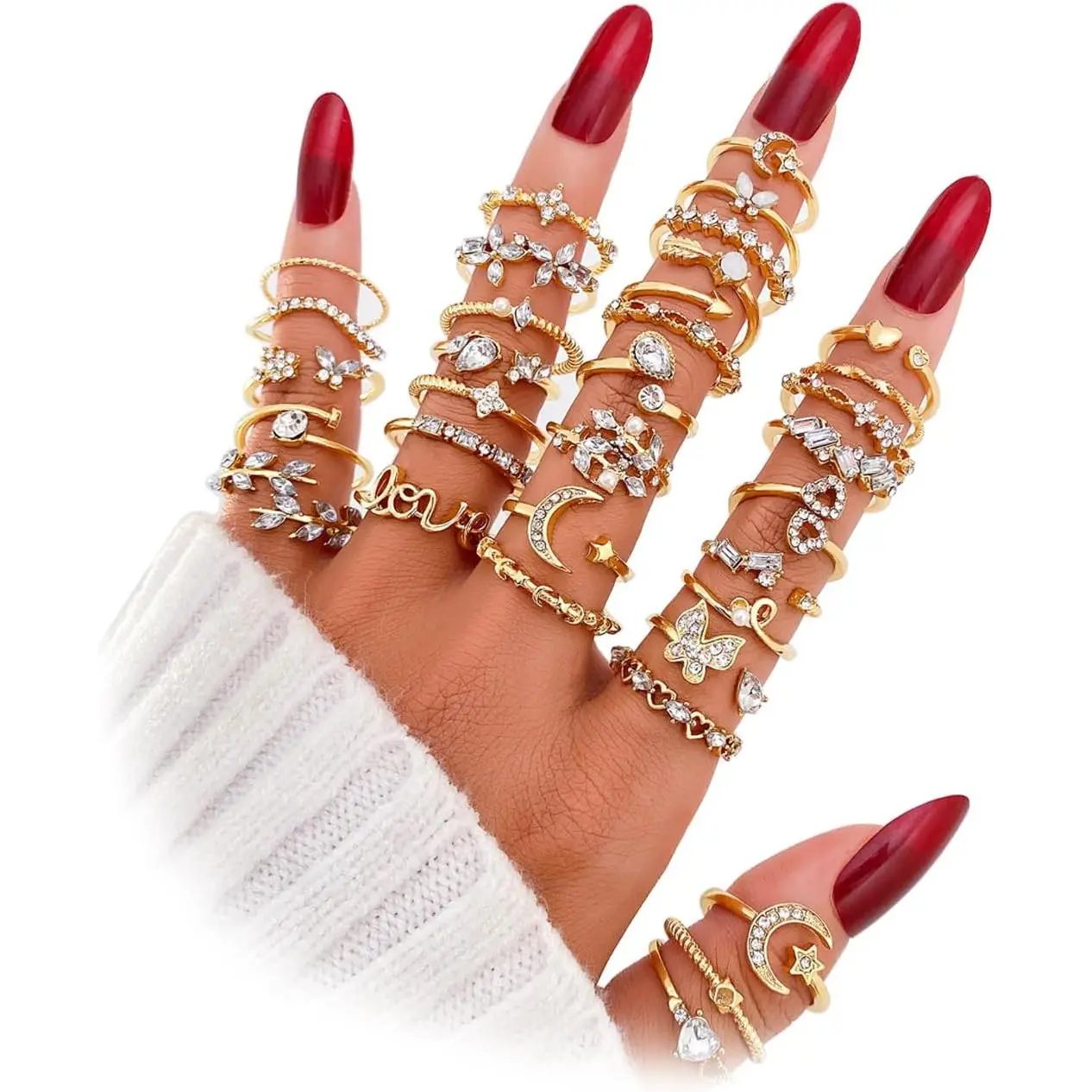 Knuckle Stacking Rings Set for Women, Boho Dainty Sparkle Crystal Rhinestone Moon Star Rings Sets, Vintage Joint Rings Pack Jewelry Gift for Her