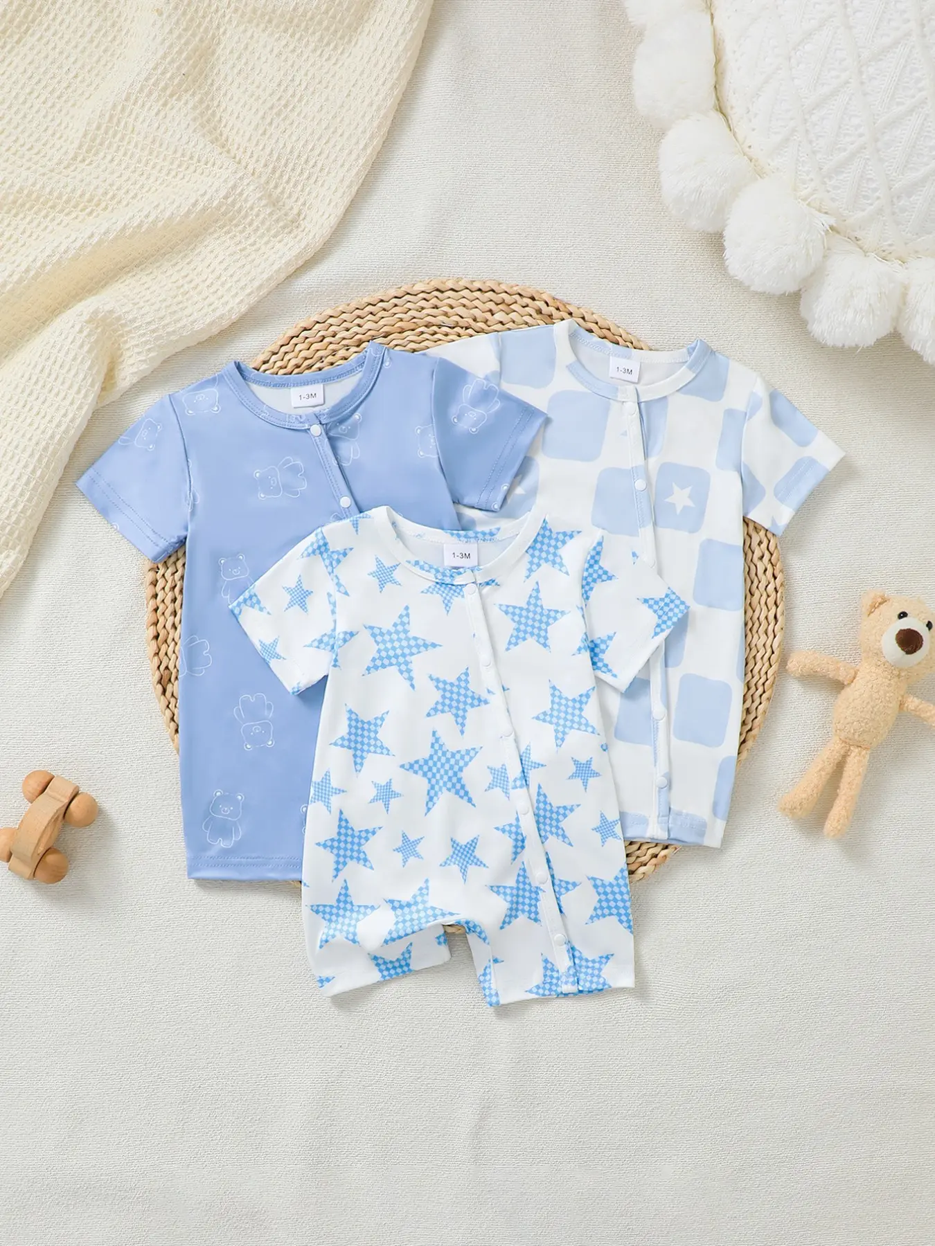 Boys' Jumpsuit 3-Piece Set, Baby Boy Clothes, Blue- Star Bear Plaid Pattern, Short Sleeve Crawling Suit, Summer Casual, Beach Vacation
