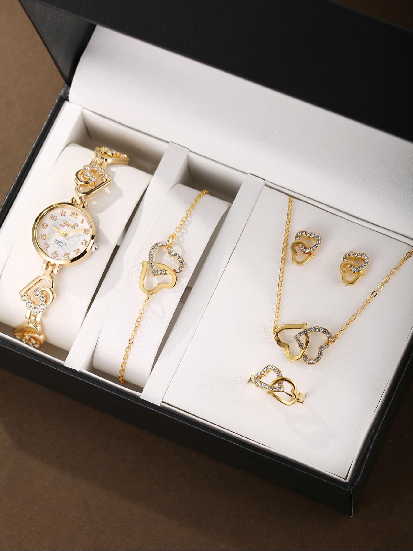 Elegant Fashion Round Dial Quartz Watch & Heart Shape Pendant Necklace, Ring, Stud Earrings, Bracelet, Trendy All-match & Exquisite Watch Set As Gift