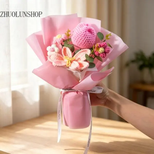Handmade Crochet Lily & Tulip Yarn Bouquet| Kawaii Everlasting Viral Desk Floral Staples, No-Wilt Knitted Faux Artificial Flower Arrangement, Cute Tabletop Decor For Home & Office, Unique Sentimental Birthday Gift For Her