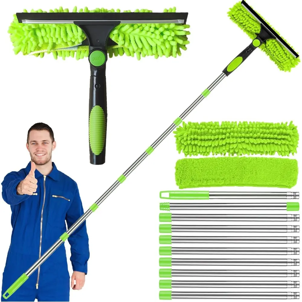 10 Segment 14ft Telescopic Window Washer Pole, High Reach Adjustable Long Handle Glass Cleaner Squeegee, Multi-purpose Cleaning Tool for Window, Gutter, Roof and Solar Panel, Lightweight Extendable Cleaning Pole for Outdoor Household Washing