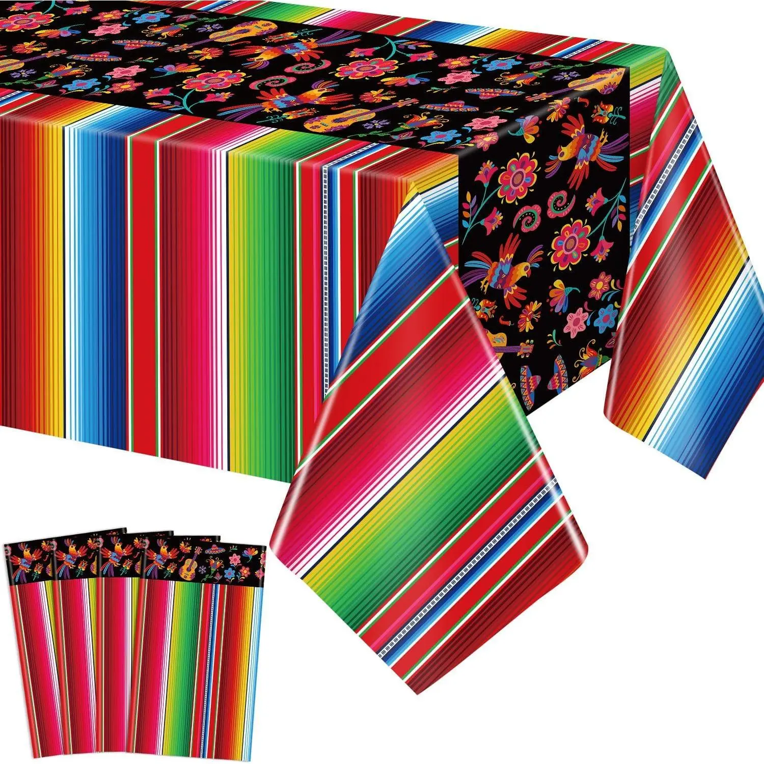 Disposable Rectangle Table Cover 4-Pack - Colorful Striped Modern Synthetic Mexican Fiesta Tablecloth (51x86 in), Cinco De Mayo Taco Night Party Decor, Home & Festive Supplies