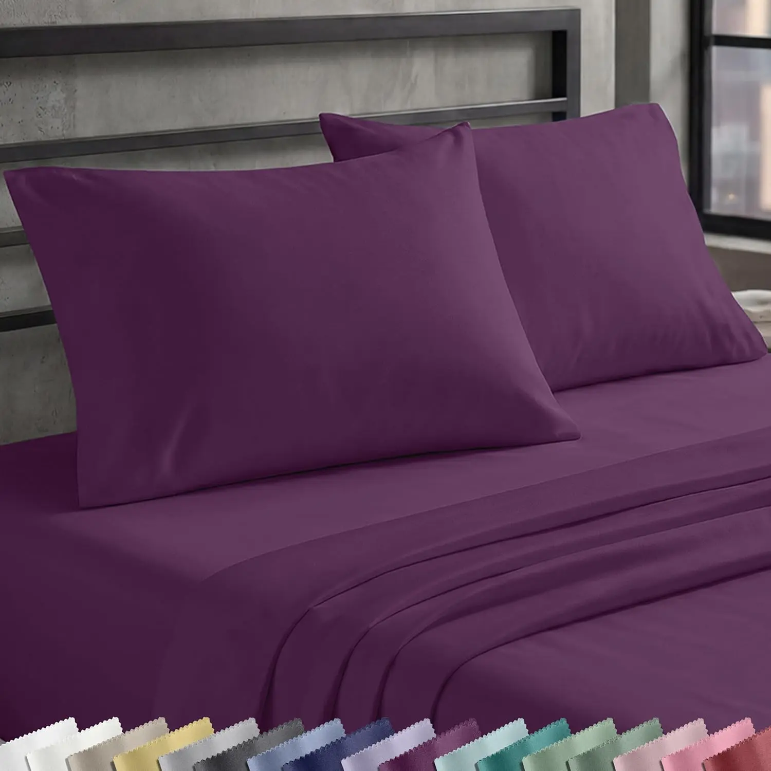 Standard/Queen Size Pillow Cases Set of 2 - Natural 100% Cotton Standard Size Pillow Cases, Envelope Closure, Breathable Sateen, Gentle on Skin, Durable - Purple Passion