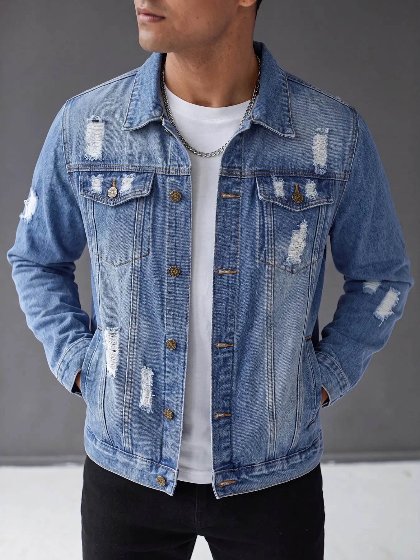 Men's spring and autumn casual street fashion outerwear distressed ripped blue denim jacket, solid-color simple design, everyday versatile, suitable as a gift for boyfriend, work or daily wear.