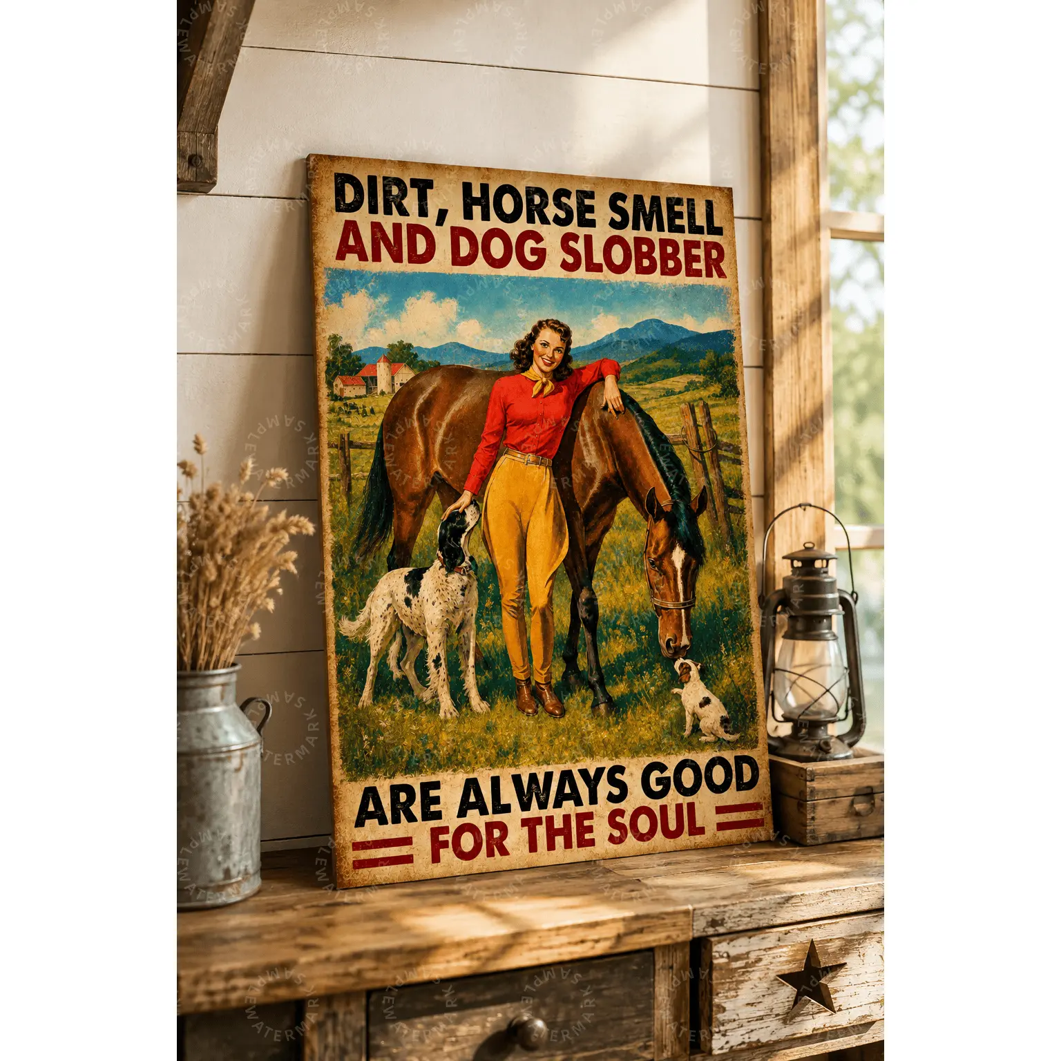 Dirt Horse Smell and Dog Slobber Vintage Cowgirl Poster, Funny Horse and Dog Wall Art, Rustic Farmhouse Canvas Print, Western Ranch Decor for Bedroom Living Room, Equestrian Gift
