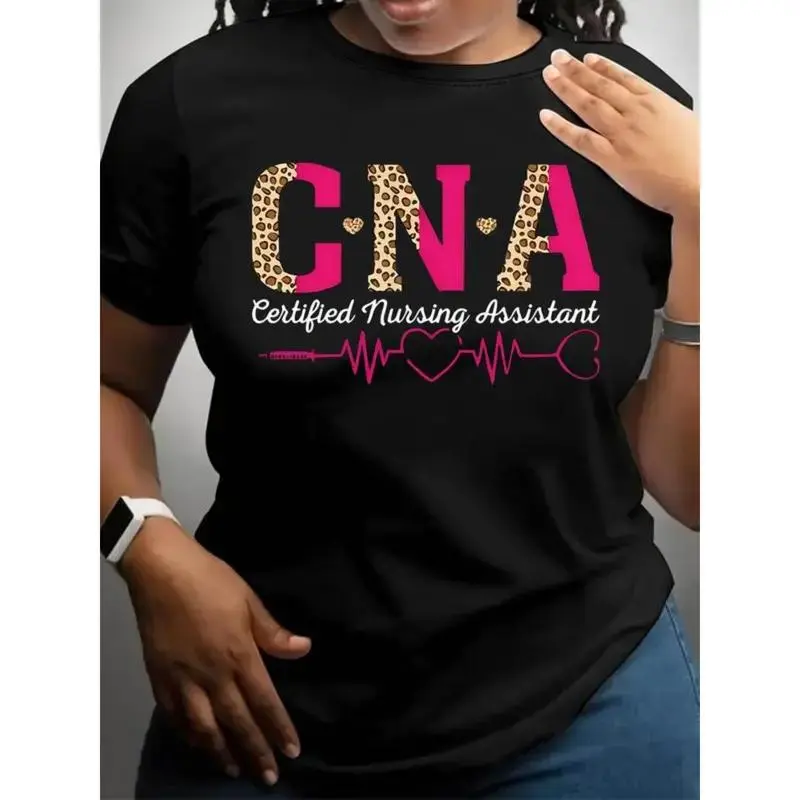 Women's Certified Nursing Assistant CNA Graphic T-Shirt - with Leopard Print & Heartbeat Design, Short Sleeve Crew Neck Casual Top, Medium Stretch Breathable Fabric for Spring & Summer, Machine Washab Athletic Black Womenswear
