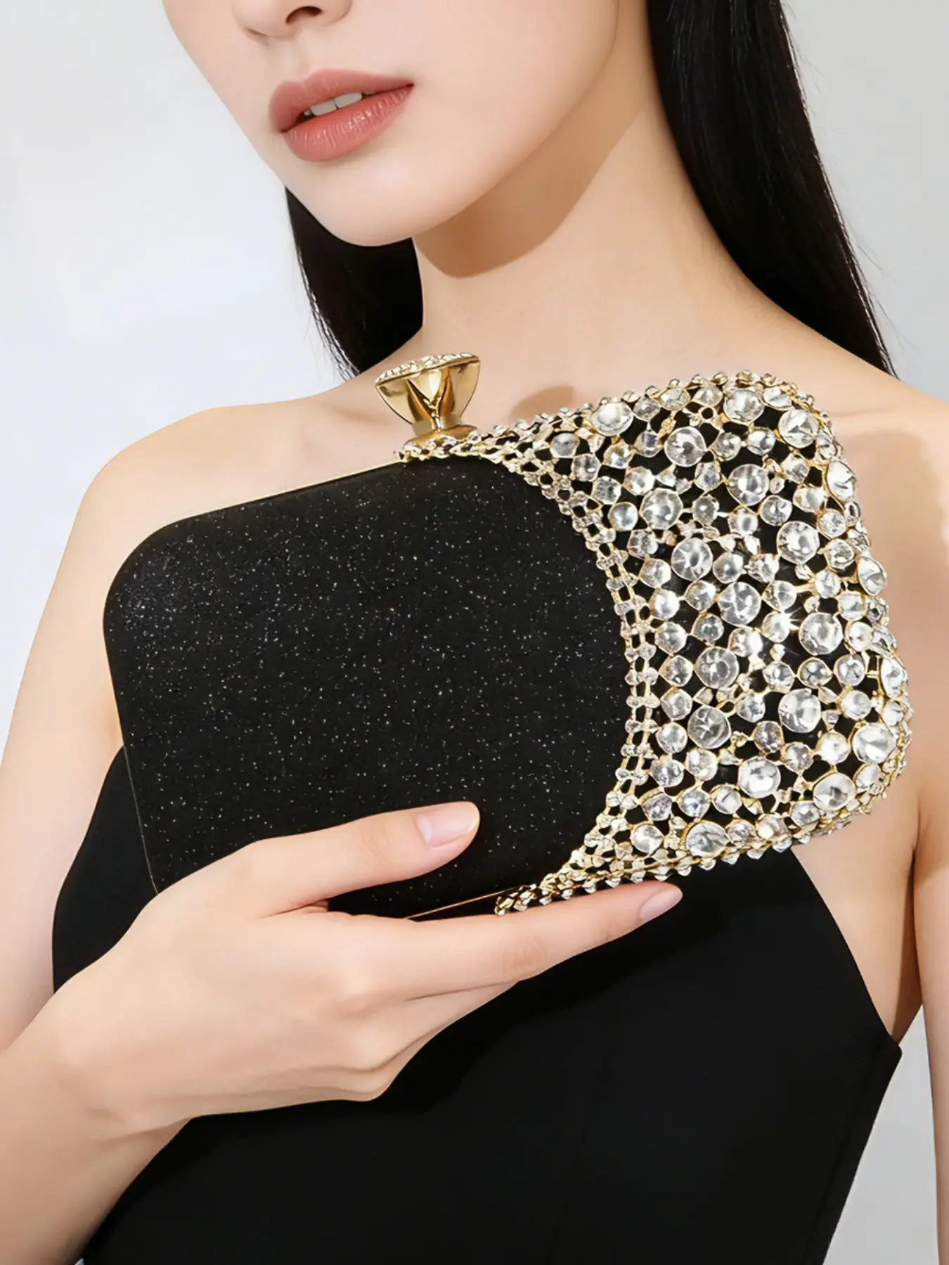 Luxury Asymmetrical Half Crystal Rhinestone Evening Handbag with Chain, Matte Black Fine Glitter Rectangular Box Clutch Removable Gold Metal Chain Shoulder Crossbody Bag Elegant Women Date Banquet Mini Purse, Glittery Clutch Bag