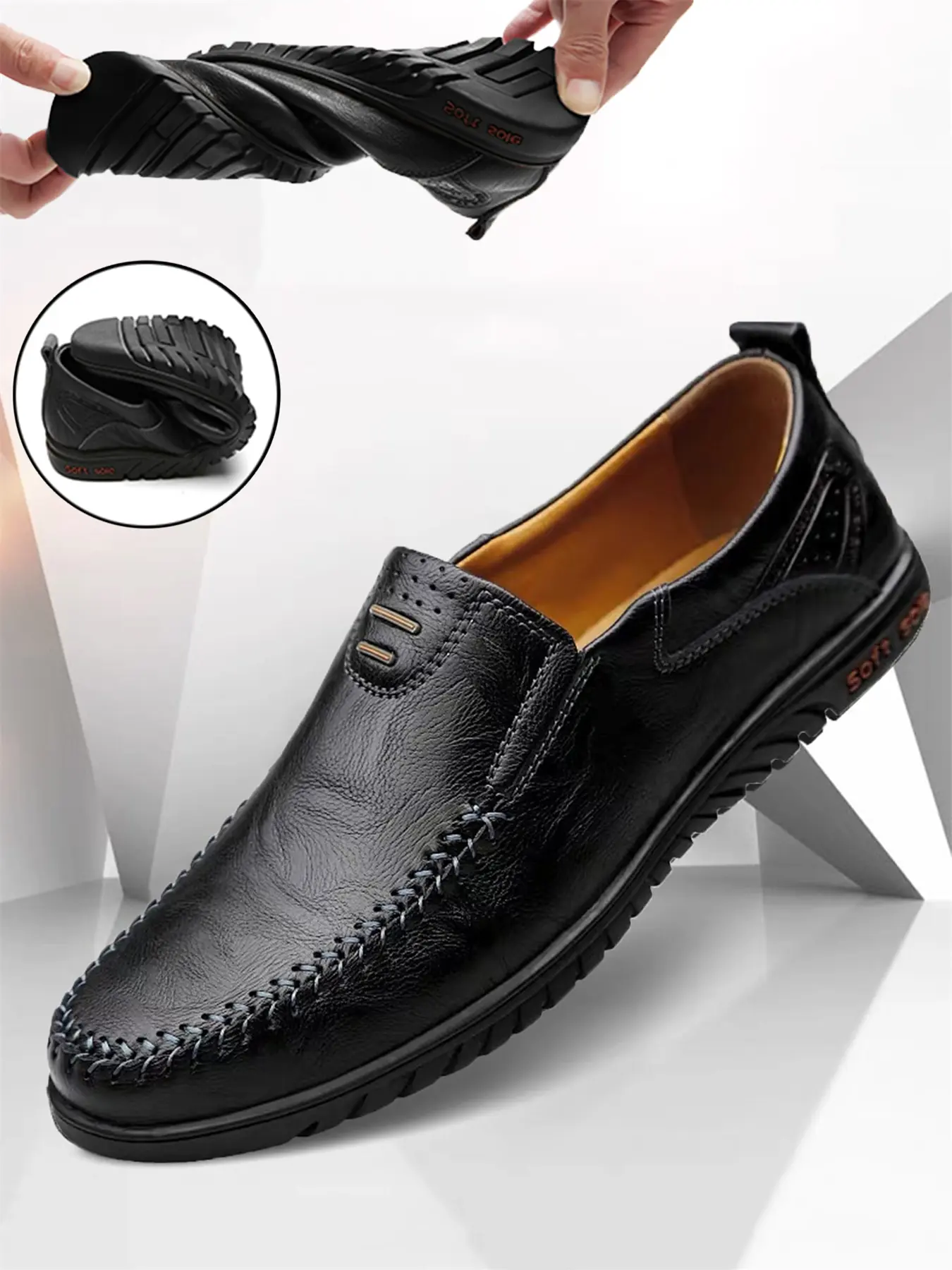 Men's Fashion Loafers, Vegan Leather Round Toe, Comfortable Rubber Sole, All-Season Business Casual Shoes, Durable Breathable Design