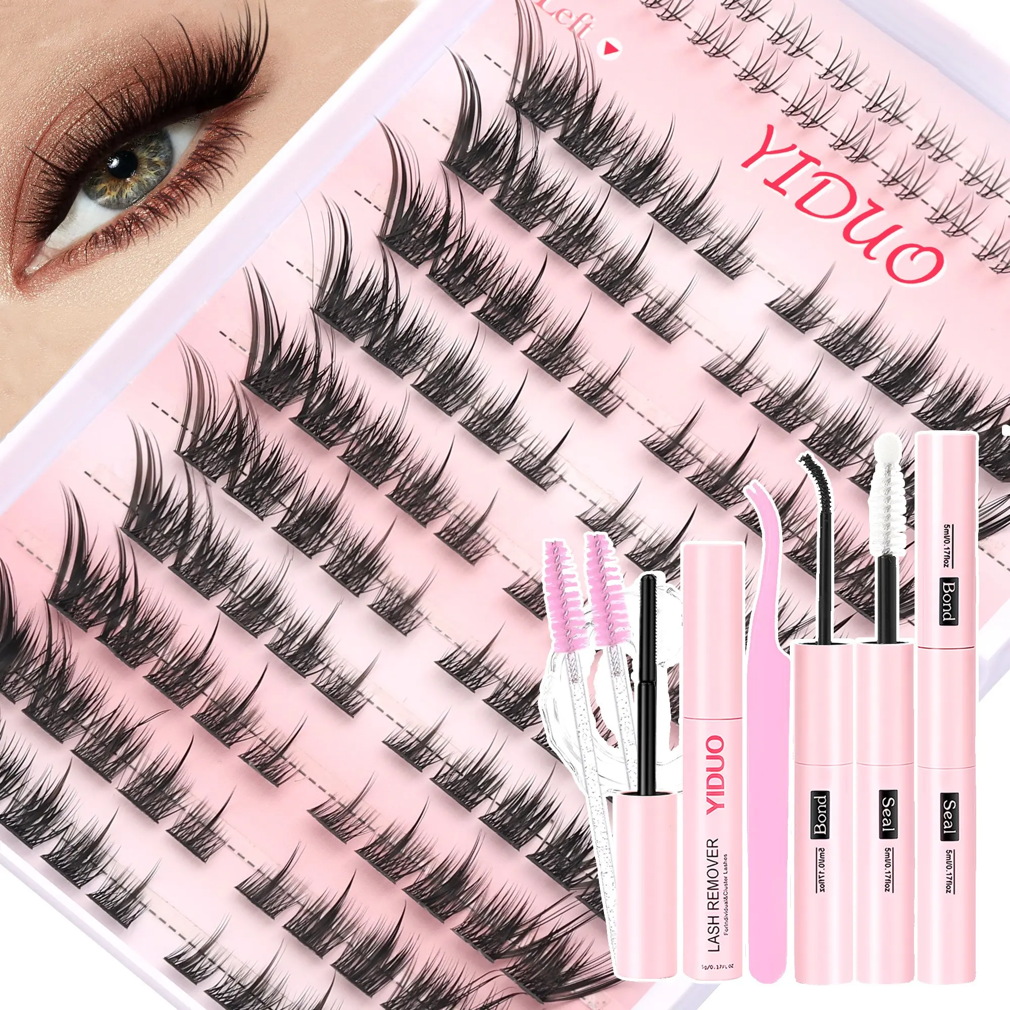 YIDUO Wispy Fox Eye Lash Set Eyelash Clusters Kit – Left & Right Clusters with Bottom Lashes, C-Curl, Thin & Lightweight. Complete Kit with Bond, Seal, Remover, Tweezers & Brush for 5-Min DIY at Home.