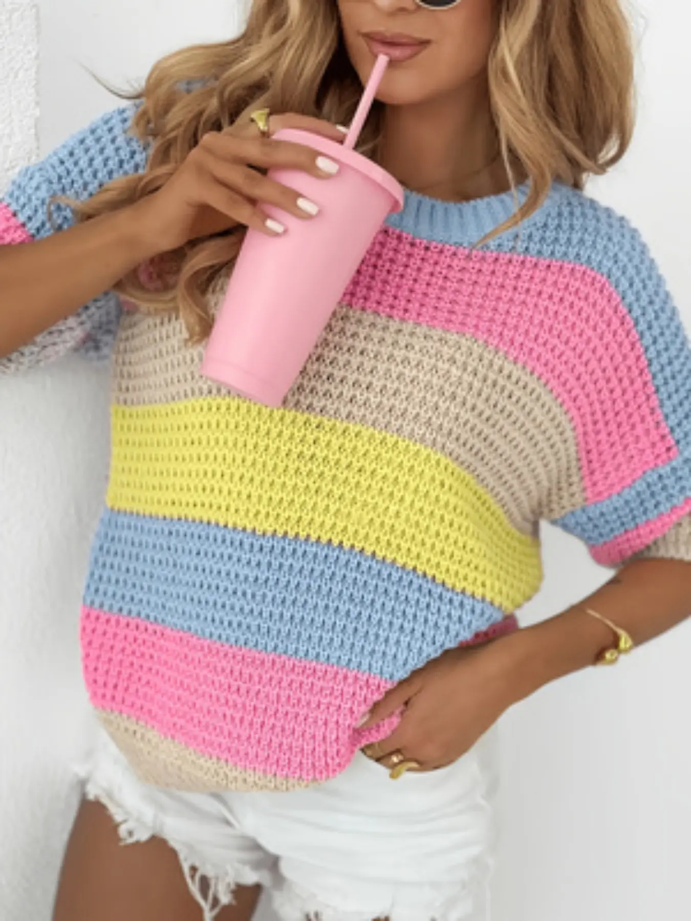 Women's Rainbow Stripe Knit Short Sleeve Top, Loose-Fitting Casual Knitwear Pullover, Elegant Summer Apparel, Perfect for Office and Daily Wear