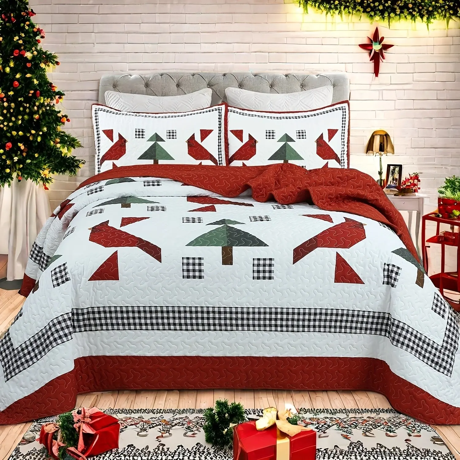 3pcs Festive Red Cardinals And Christmas Tree Geometric Quilt Bedspread Set – Holiday Block Design For Warm Holiday Decorations