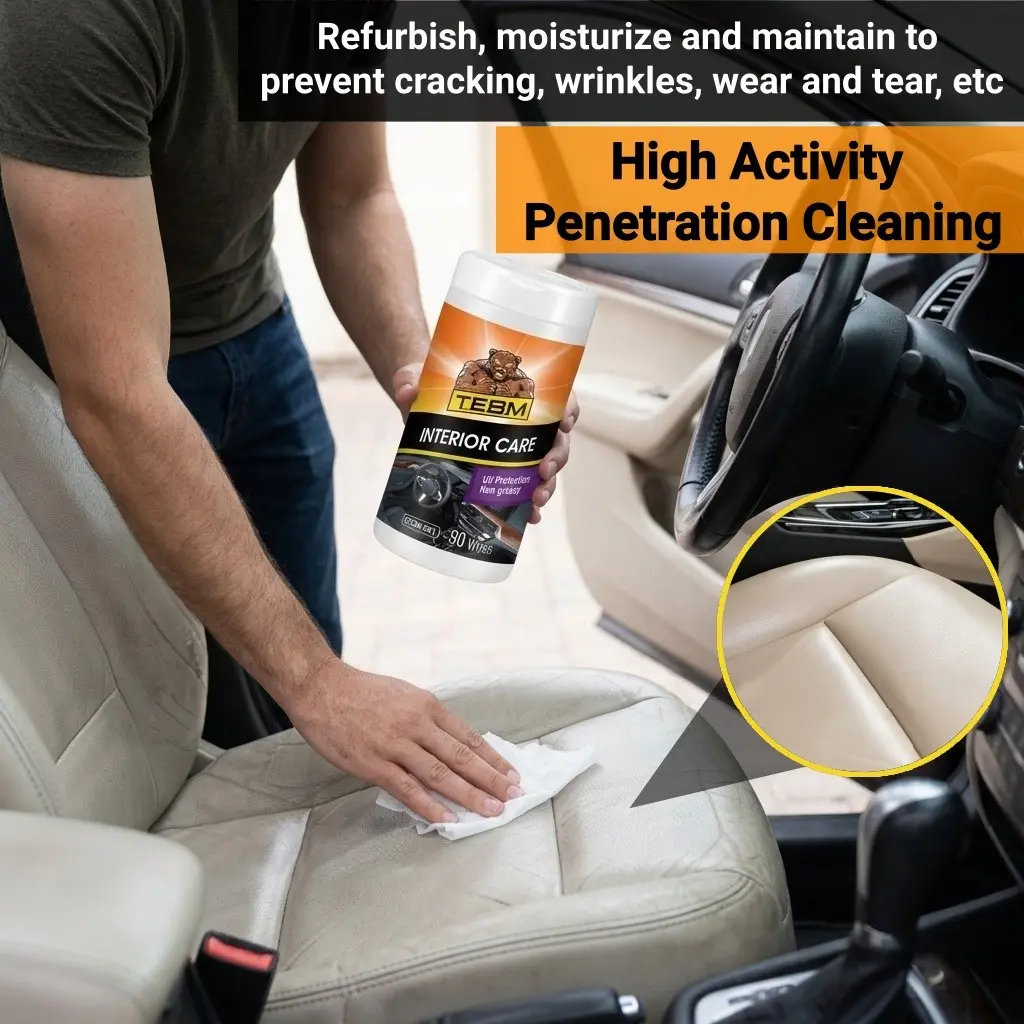 Auto Interior Leather Care Wipes, Car Leather Care Wipes, Alcohol-Free Cleaner Wipes, Restore Shine for Car Seats, Prevent Cracking & Fading, Easy-To-Use
