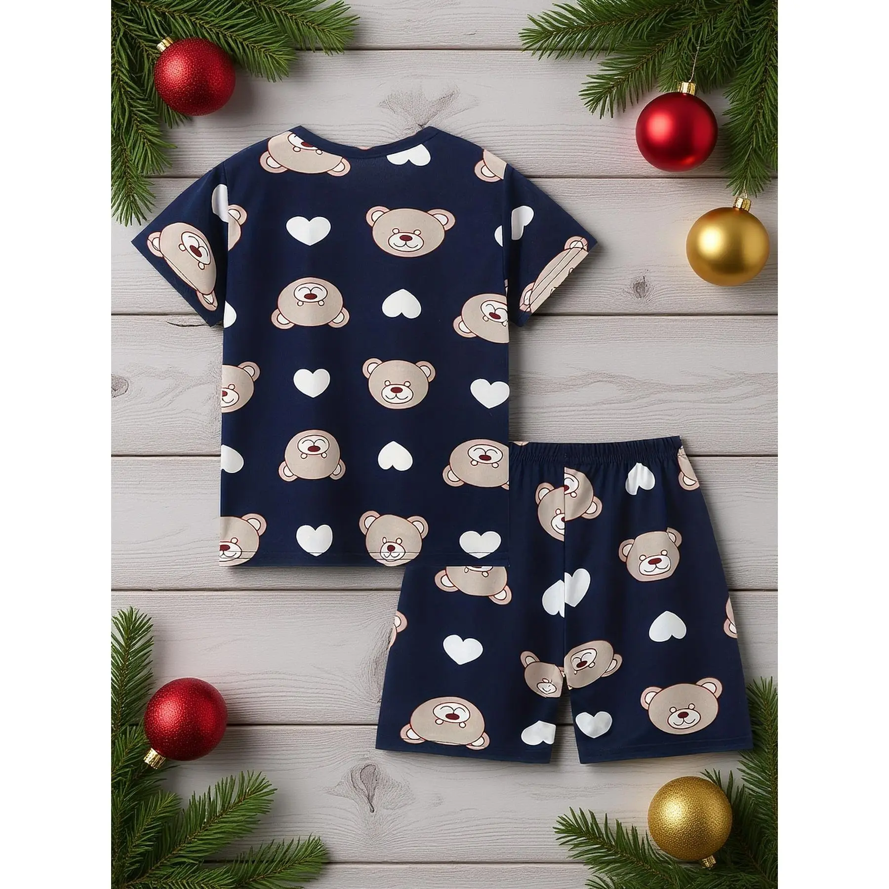 2-piece children's short-sleeve pajama set summer, suitable older boys and girls, featuring a heart-shaped bear pattern, short-sleeve + shorts home wear set, loose basic style, unisex sibling matching pajamas, lightweight and breathable