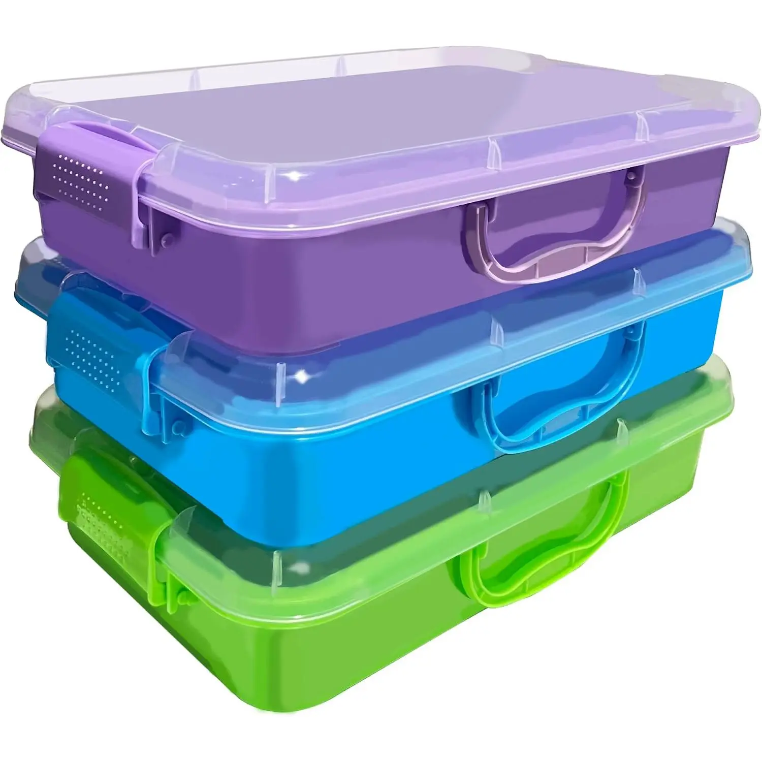 Pet Rectangle Sensory Bin Set - 3-Pack Smooth Transparent Plastic 4 Qt (3.8L) Stackable Snap-Lid Storage Bins, Portable Organizers for Kids, Sand, Arts (Blue, Green, Purple), Box