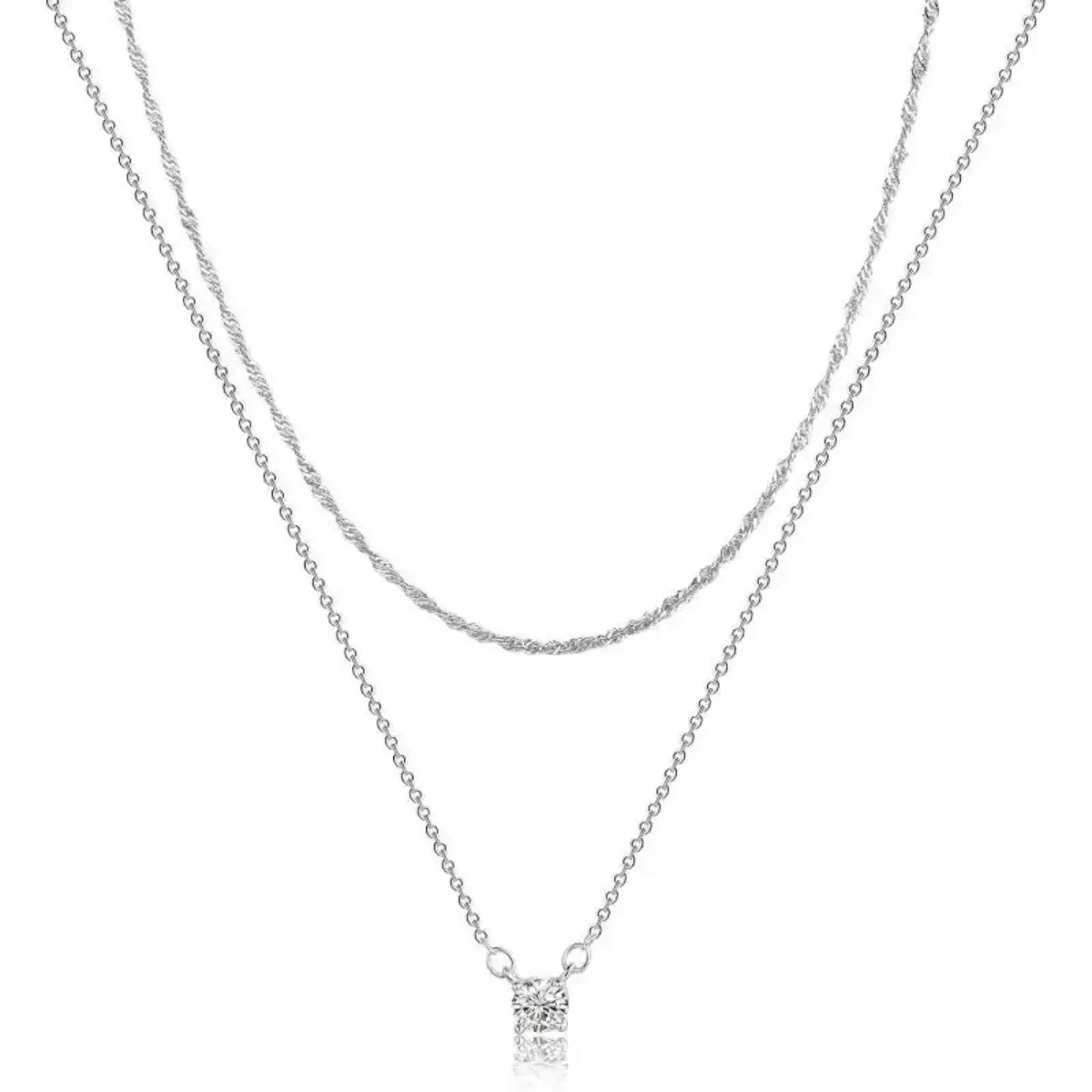 Sterling Silver Plated Layered Necklace for Women, Dainty Double Chain with Square CZ Pendant, Adjustable 16-18 inches, Minimalist Jewelry for Casual Wear, Birthday, or Anniversary Gift, Double-Layer Design, Comfortable, Adjustable Fit, Twisted Rope, Dail