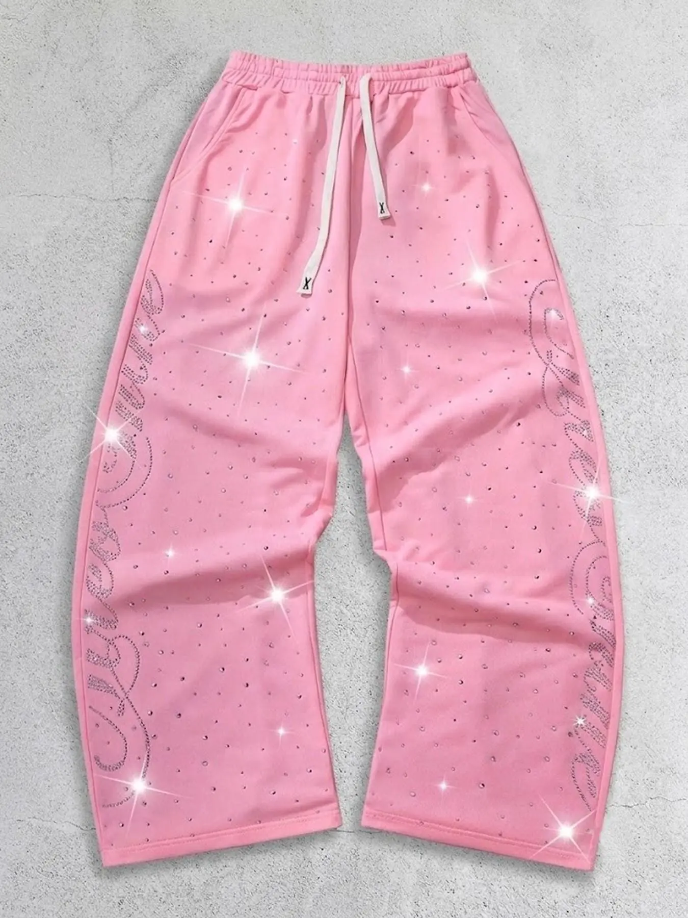 Pink Rhinestone Sweatpants Y2K Baggy Wide Leg Pants for Unisex Streetwear Party Casual Wear