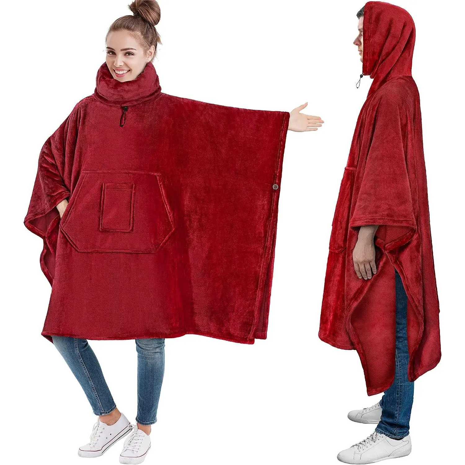 Fleece Wearable Blanket Poncho - Adjustable Warmth Cozy Wearables, Giant Size Hooded Cover, Home/Camping Indoor/Outdoor Adult Warm Hug Sleep Accessory