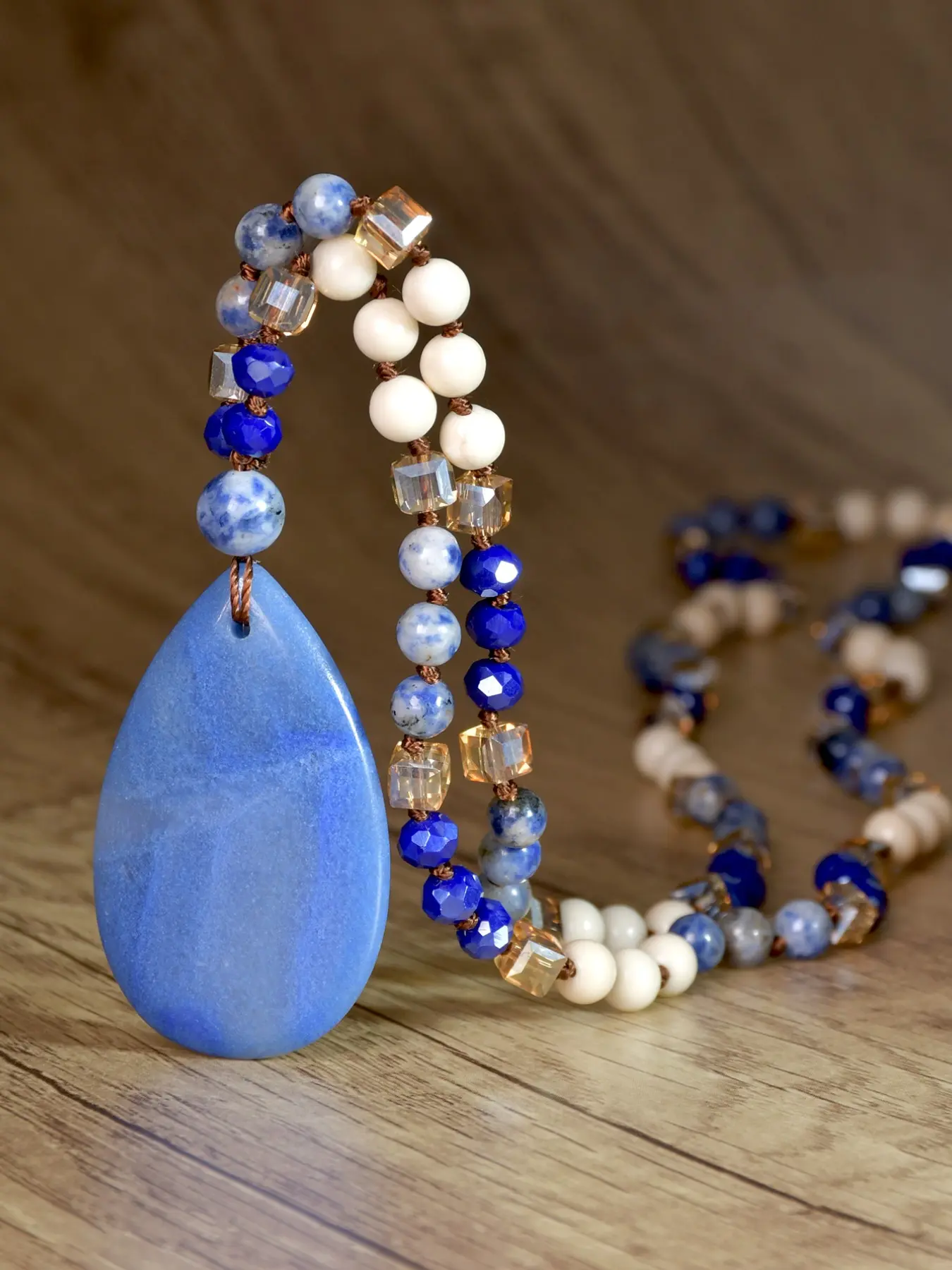 Boho Blue Aventurine Teardrop Pendant Long Necklace, Ethnic Natural Stone Sweater Chain, Vacation Friendship Gift, Bohemian Style Jewelry