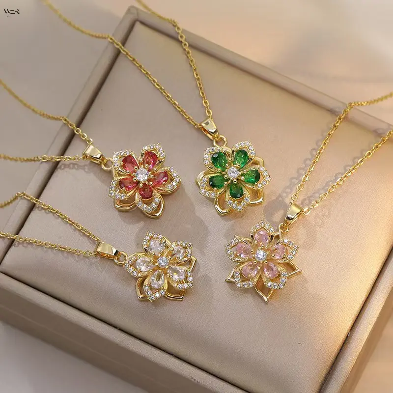 Women's Dainty CZ Necklace, Multi-Color Bauhinia Flower Prong-Set Cubic Zirconia Detailed Unique Design Non Tarnish Pendant, Antitarnish Gold-Plated 40+5cm Adjustable Chain, Elegant Botanical Daily Wear Costume Jewelry, Dainty Necklaces, Detailed Pendant