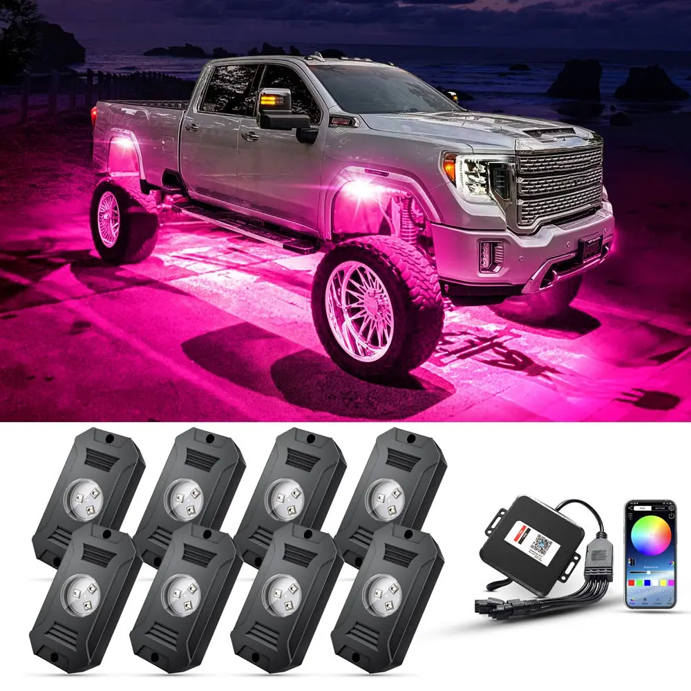 Upgraded RGB Car Chassis Light Waterproof IP68 LED Rock Light Kit with APP Control, Smart Bluetooth Underglow Neon Strip for Pickup Truck ATV RZR UTV SUV, 16 Million Colors Music Sync Decorative Off-Road Lighting